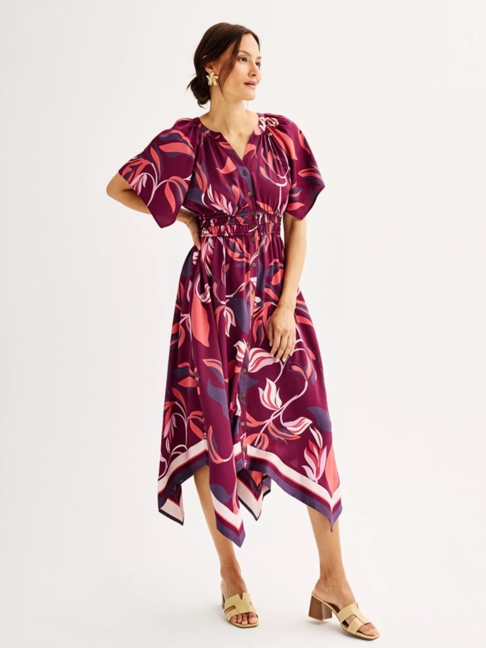 Violet & Coral Abstract Floral Button-Front with Hanker-chief Styled Dress